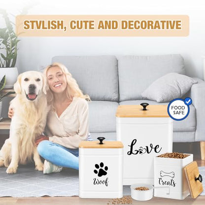 Jingmore Metal Dog Treat Containers Set of 3 with Bamboo Lids and Spoon Airtight 7+3+2 lbs Dog Food Snack Jars with DIY Labels Big Pet Cookie Storage Jar for Kitchen Counter(White,Modern) - color: White, style: Modern