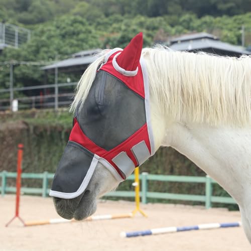 Horse Fly Mask with Ears & Long Nose, Fine Mesh Red Full - color: Red, size: Full