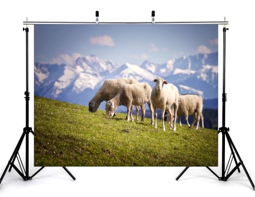 5x3ft Fabric Snow Peak Sheep Meadow Backdrop White Wool Sheep Green Hillside Bright Cloudy Sky Background Tapestry Party Alpine Grassland Decorations Photo Booth Props - size: 5x3ft