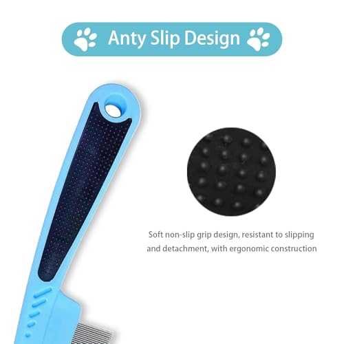 Bestac Pet Grooming Stainless Steel Flea Lice Comb Tear Stain Remover & Dematting Tool Rounded Teeth for Small, Medium, Large Dogs & Cats (Blue)