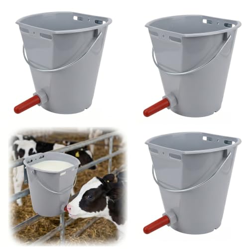3 Pcs 8.45 Quart Calf Nursing Bucket Feeder with Nipple and Hanger | Hanging calf pails for over-the-fence feeding, suitable for calves, cattle, stalls, barns, and livestock care.