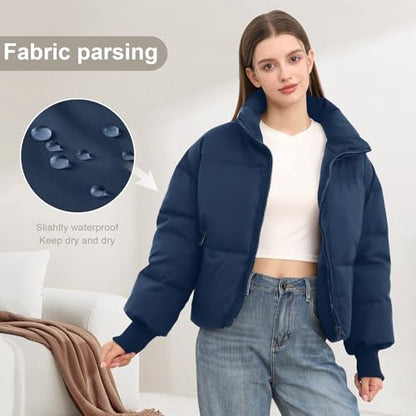 SXGYH Women’s Winter Cropped Puffer Jacket Coat Casual Quilted Baggy Long Sleeve Zip Down Jackets Outerwear - color: Dark Blue, size: Small
