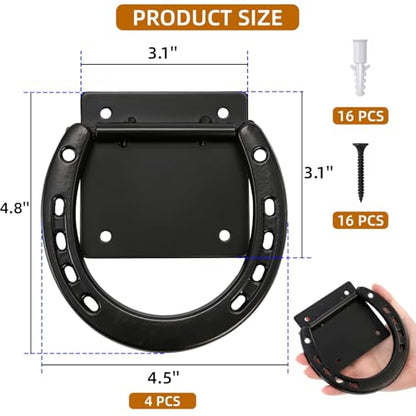 Cididu 4 Pack Cross Tie Ring for Horse, Heavy Duty Horseshoe Tie Ring with Screws, Solid Steel Tie Down Hooks, Hitching Ring Horse Barn Supplies for Stall Stable Racetrack Horse Training Equipment