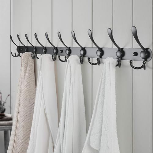 Dseap Coat Rack Wall Mount - 38” Long 10-Tri-Hooks Heavy Duty Coat Hanger Rail Wall Hooks for Hanging Coats Hats Clothing Clothes Purse Mudroom Entryway, Black - color: Black, size: L=38” (1 Pcs)