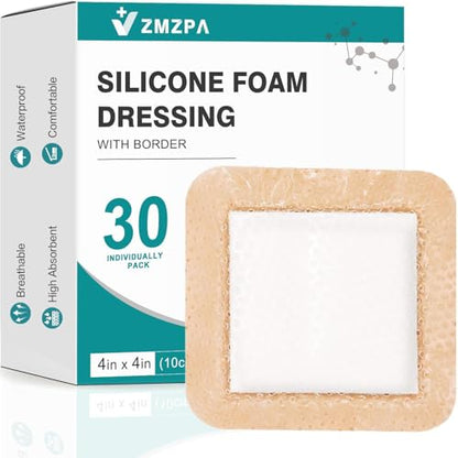 30 Pcs Silicone Foam Dressing 4x4 Gentle Border, Waterproof Silicone Bandages for Wounds Care, Bed Sore Patches, Super Absorbent Wound Dressing, Self Adhesive Pressure Sore Pads - size: 4''x4'' (30 Packs)