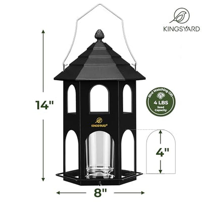 Kingsyard Metal Bird Feeder for Outdoor Hanging, Wild Bird Feeders with Circular Perch, Easy to Clean & Refill, 4 lbs Large Seed Capacity, Black - color: Black
