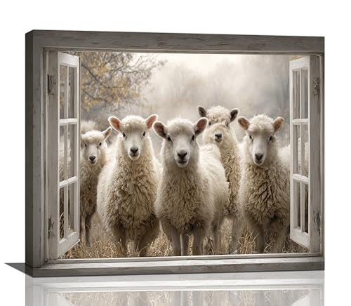 Vintage Sheep Wall Art Farmhouse Sheep Window Pictures Wall Decor Lamb Canvas Prints Painting Framed Artwork Decoration for Living Room Bedroom Bathroom 20”X24” - color: Sheep, size: 24"L x 20"W