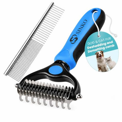 Sinko Shedding Brush for Dog and Cat, Undercoat Rake & Comb with Extra-Wide Double-Sided Stainless Steel Teeth for Deshedding, Brushing, Removing Loose Fur, Knots, Mats & Tangles in Pets (Blue) - color: Brush and comb