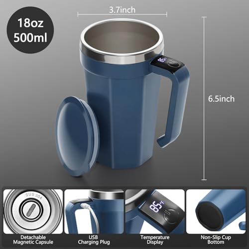 Self Stirring Coffee Mug with Temperature Display, 18 oz Rechargeable Self Stirring Mug with Lid, Automatic Self Stirring Cup, Coffee Mug with Stainless Steel for Coffee, Milk, Beverages, Blue - color: Blue