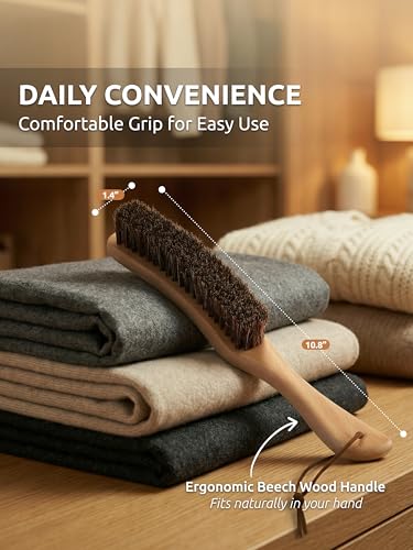 TAKAVU Horsehair Clothes Brush for Suits, Large Beech Wood Handle | Lint Brush for Coats, Cashmere, Wool, Velvet & Suede Upholstery, Hats & Jackets, Natural Bristle Garment Care - color: Beech