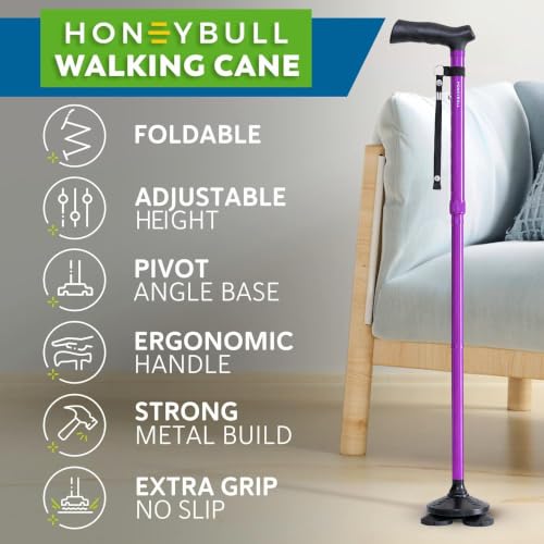 HONEYBULL Walking Cane for Men & Women, Foldable Free Standing Cane - color: Purple