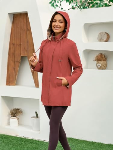 Womens Long Hooded Rain Jacket Waterproof Outdoor Hiking Raincoat Windbreaker Lightweight Trench Coat - color: Brick-red, size: Small