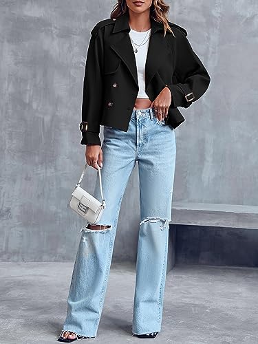 Saodimallsu Women Crop Double Breasted Trench Coat Short Cropped Jacket - color: Black, size: Medium