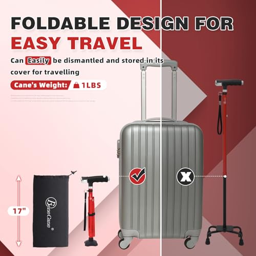 BeneCane Walking Cane for Women Folding Cane for Men with Two Led Lights Quad Cane with Stable Base Lightweight and Adjustable Walking Stick - color: Red
