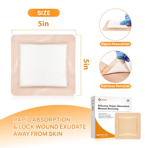 Carbou Silicone Super Absorbent Wound Dressing 5" x 5", 10 Individual Pack - size: 5"x5"