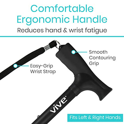 Vive Folding Cane - Foldable Walking Cane for Men, Women - Fold-up, Collapsible, Lightweight, Adjustable, Portable Hand Walking Stick - Balancing Mobility Aid - Sleek, Comfortable - color: Black