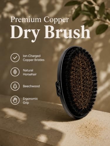 L'Oil Copper Dry Body Brushing Body Brush for Lymphatic Drainage - Premium Ion-Charged Copper Bristles, Natural Boar Bristles, Exfoliating Dry Body Brush for Smooth Glowing Skin