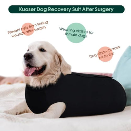 Kuoser Dog Recovery Suit with Anti Licking Rear Leg Sleeve, Black L - color: Black, size: Large (Back Length: 40cm / 15.74")