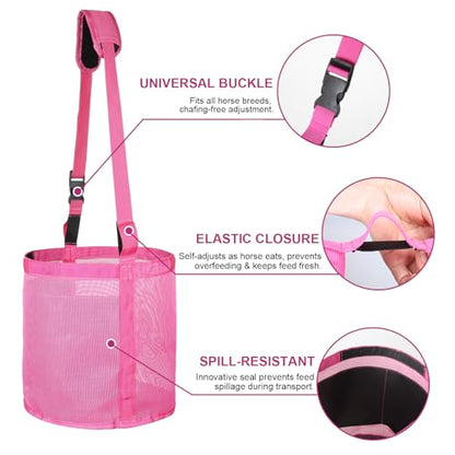 Heavy Duty Durable Waterproof Horse Feed Bag with Adjustable Strap - color: Rose Pink