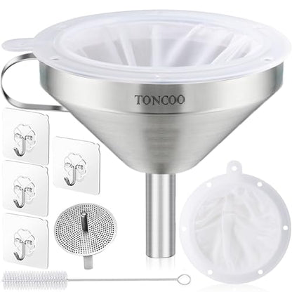 5 Inch Stainless Steel Funnel with Strainer and 200 Fine Mesh Filter, Food Grade Metal Funnel, Cooking Oil Filter, Oil Strainer for Deep Fryer, Milk Strainer, Funnels for Kitchen Use Filling Bottles
