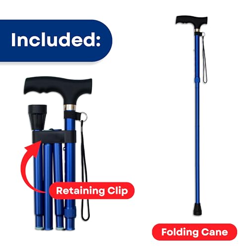 RMS Folding Cane, Adjustable, Lightweight Offset Walking Cane | Aluminum Collapsible Walking Stick with Ergonomic Derby Handle, cane folds for travel and storage - color: Blue
