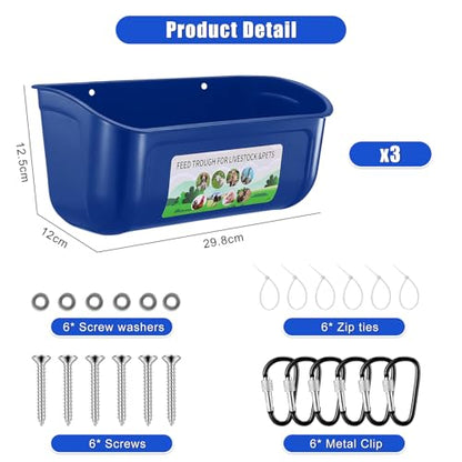 Chicken Feeder Waterer, 3 Pack Duck Feeder Supplies, Hanging Fence Feed Trough with Clips for Goat, Sheeple, Piglet, Gooses, Turkeys, Dog Livestock Poultry, Blue - color: 3 pack Blue