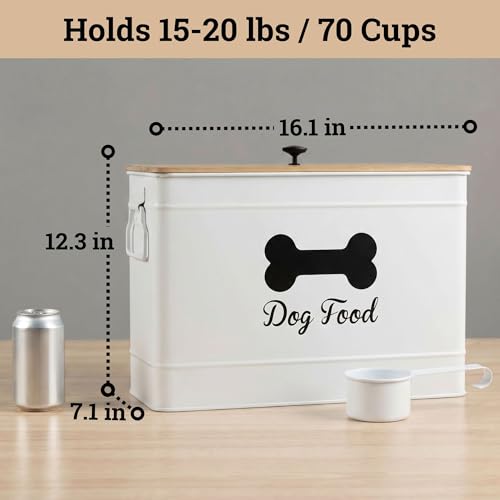 Metal Dog Food Container 15-20 lbs w/ Airtight Bamboo Lid, 70 Cup Capacity - color: White