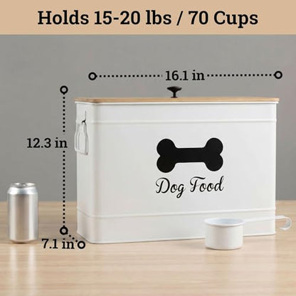 Metal Dog Food Container 15-20 lbs w/ Airtight Bamboo Lid, 70 Cup Capacity - color: White