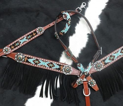 Showman 4 Piece Beaded Navajo Design Headstall & Breast Collar Set w/Fringe