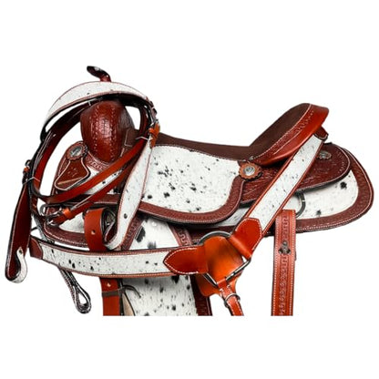 Western Barrel Saddle Set Brown Genuine Leather Hair On Cowhide Hand Tooled Horse Saddle with Headstall, Breast Collar & Reins for Trail Riding, Rodeo, Ranch & Pleasure, 8-17 Inch - size: 8 Inch