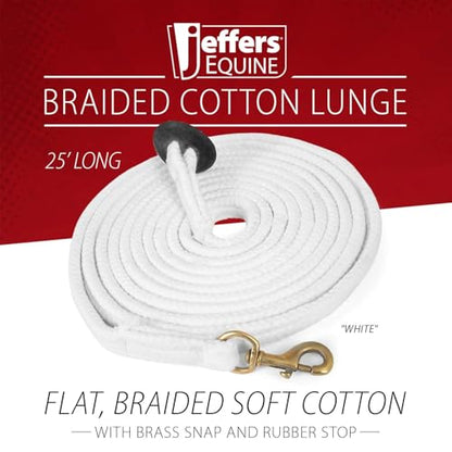 Jeffers Equine 25' Braided Cotton Lunge Line – Soft & Durable Training Rope with Heavy Duty Swivel Snap & Rubber Stop for Secure Grip – Ideal for Travel, Lunging & Horse Training – White
