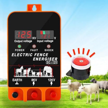 Electric Fence Energizer, 5.5 Joules 200 Acres Electric Fence Charger, AC & DC Power Supply, Output 8KV 12KV for Cattle Cow Horse Goat Pig Livestock, with Alarm and Remote