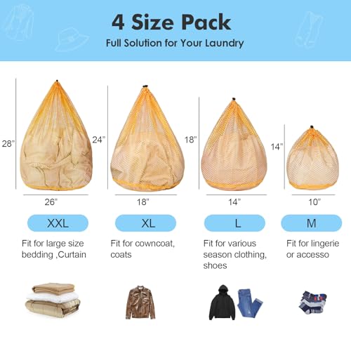 4Pcs Mesh Laundry Bags Washing Machine Mesh Wash Bags for Clothes,Underwear,Lingerie, Bed Linen with Drawstring Closure Sturdy(4 Size, Yellow) - color: Yellow, size: Pack 4 pcs