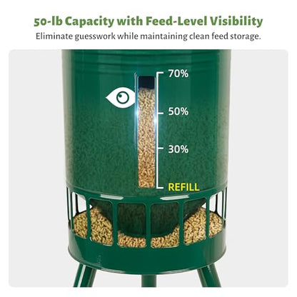 KOL 50LB Metal Chicken Feeder - No Waste, No Clog Design with 16 Ports & Smooth Gravity-Flow, Powder Coated Rust-Proof for Coop Use (Green) - color: Green