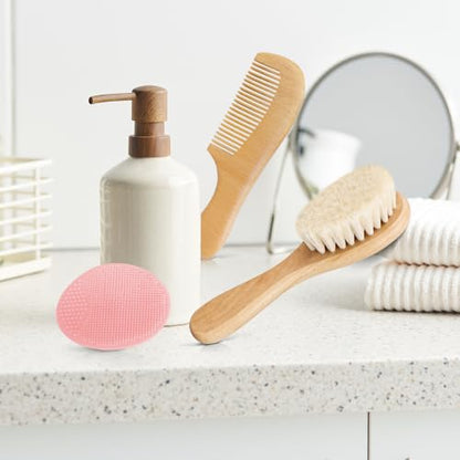 3PCS Baby Hair Brush with Wooden Handle and Comb Set for Newborns & Toddlers | Natural Soft Goat Bristles l Wood Comb l Pink Silicone Brush| Ideal for Cradle Cap - color: Pink
