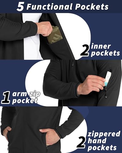 33,000ft Men's Hooded Softshell Jacket Waterproof Lightweight Insulated Windbreaker Fleece Lined Rain Shell Jacket - color: Black, size: Medium