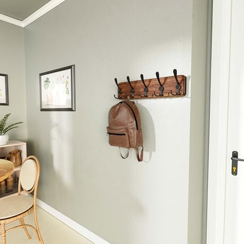 SKOLOO Rustic Coat Rack Wall Mount, 16" Stud Spacing, Solid Wood, Brown - color: Brown Plate & Black Hook, size: 1 Item-5 Hooks