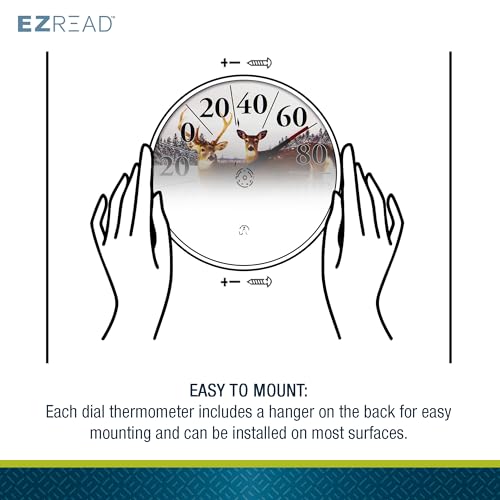 EZREAD Hanging Dial Thermometer 840-1226 Weather Thermometers for Indoor and Outdoor Use, Large 12.5 Inch Diameter, Easy to Read Numbers, Deer - color: Winter Deer