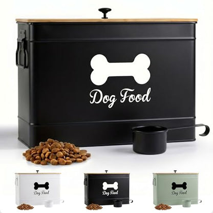 Metal Dog Food Container 15-20 lbs w/ Airtight Bamboo Lid, 70 Cup Capacity - color: Black