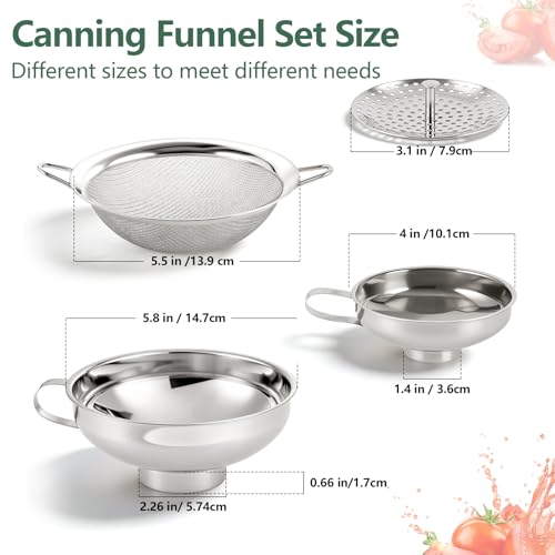 4-in-1 Canning Funnel Set, Stainless Steel Wide Mouth & Regular Funnels with Extended Stable Spout, Umbrella Strainer & Mesh Filter, Food-Grade Kit for Large Food, Jars, Oil, Kitchen Use
