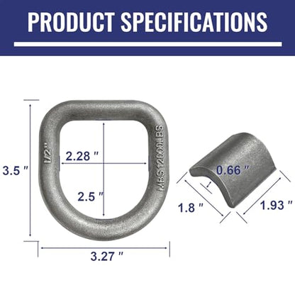 Grandroad auto 12 Pack Weld-On Forged D Ring, Heavy Duty 1/2" D-Ring Trailer Tie Down Anchor with MBS:12,000 lbs for Trailer, Truck Cargo, RV, ATV Tiedowns, Farm Applications and More. - size: 1/2“-12pack