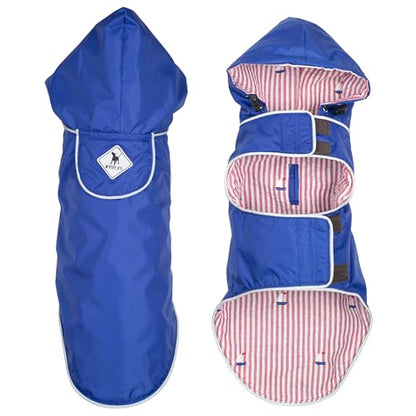 THE WORTHY DOG Seattle Slicker Raincoat with Harness Hole and Hood, Blue | Wind & Water-Resistant Nylon Outershell, adjustable touch fasteners, soft cotton lining with Sailboat print, Blue, Small - color: Blue Sailboat, size: Small