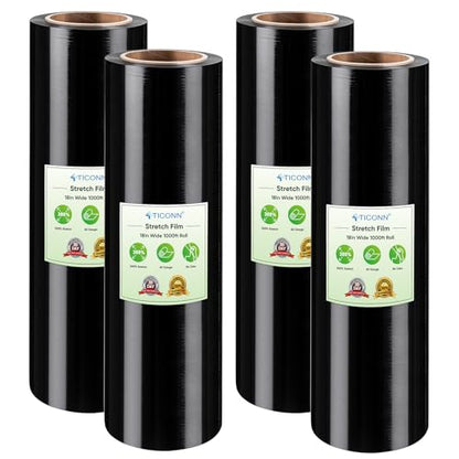 TICONN Stretch Wrap Roll, 18 in x 1000 ft Plastic Wrap for Moving Furniture | Odorless Industrial Strength Stretch Film, 300% Stretchability, Self-Adhering, Ideal for Furniture, Box Protection - style: 18''-4PK Black (No handle)