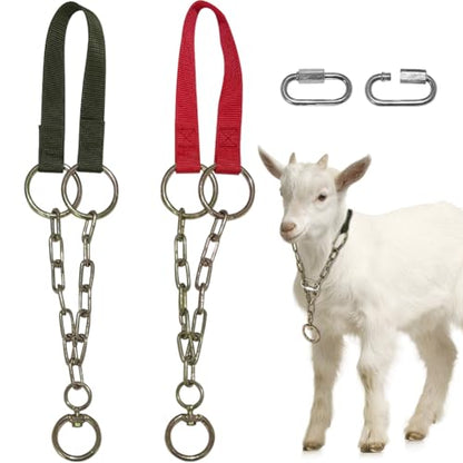 La La Pet 2Pcs Goat Collars Adjust from 18 to 30 Inches Red and Green Nylon Belts Iron Chain Chokers for Sheep Horse Cattle Livestock