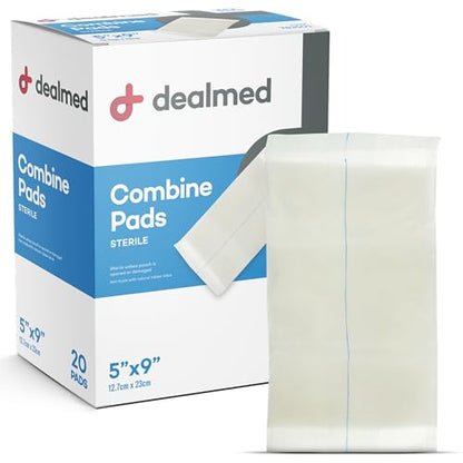 Dealmed Abdominal Combine Pads 5"x9" (40-Pack) Sterile Individually Wrapped, ABD Pads, Absorbent, Non Adherent for Wound Care, Drainage, First Aid, 20/Box (1 Pack) - size: 5" x 9" (Pack of 2), style: Pack of 1