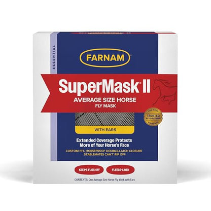 Farnam SuperMask II Horse Fly Mask with Ears, Extended Coverage Equine Fly Protection, Protects Eyes from Insects, Debris & UV, Adjustable Throat Latch, Plush Fleece Trim, Average Size (Pack of 2) - size: Standard Horse (Pack of 2)
