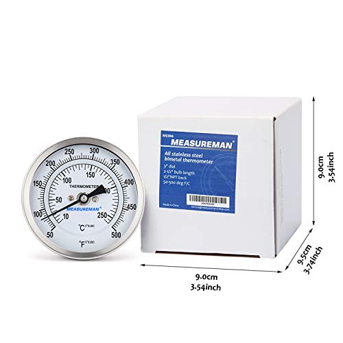 Measureman Fully Stainless Steel Bimetal Dial Thermometer, 3" Dial, 2-1/2" Stem, 50-500 deg F/10-260 deg C, -1% Accuracy, Adjustable, 1/2" NPT Back Mount - size: 3" Dial, 2-1/2" Stem, 50-500 deg F/10-260 deg C, style: 2-1/2" Stem