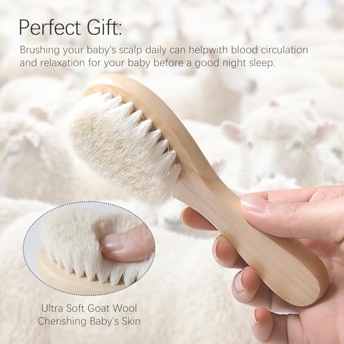 Baby Bath Grooming Kit Natural Wooden Hairbrush with Gentle Goat Bristles, Pear Wood Comb, and Soothing Massage Brush for Babies, Toddlers, and Kids