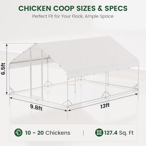 CHIKENCOOP 2-Room Metal Chicken Coop Run, Hardware Cloth, Solar Light - size: 156.0"L x 118.0"W x 78.0"H
