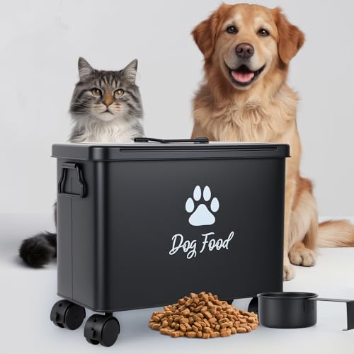 Dog Food Container 13lb, Cute Pet Food Storage with Metal Lid Scoop - color: Black-L